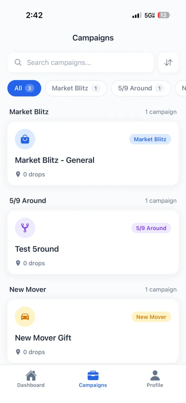 RoutesBuilder campaigns screen listing market blitz, 5/9 around, and new mover campaigns