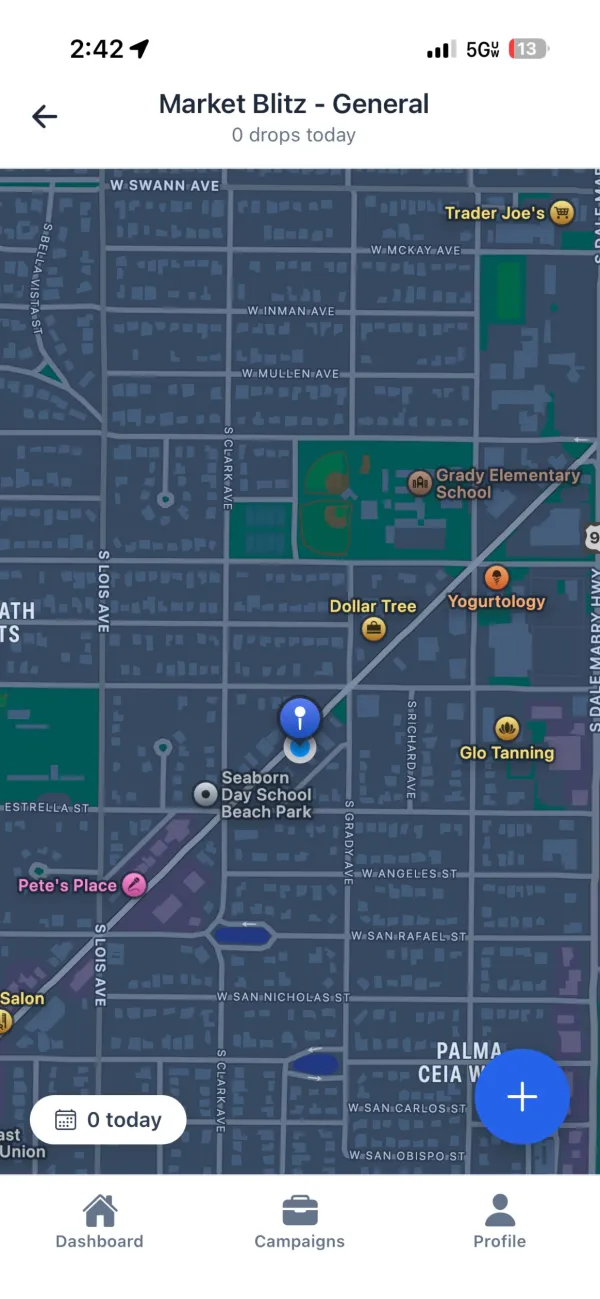 RoutesBuilder live map with GPS-tracked drops for a market blitz campaign