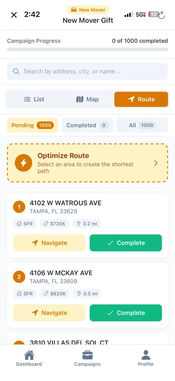 RoutesBuilder route view with optimized stops, navigate and complete buttons