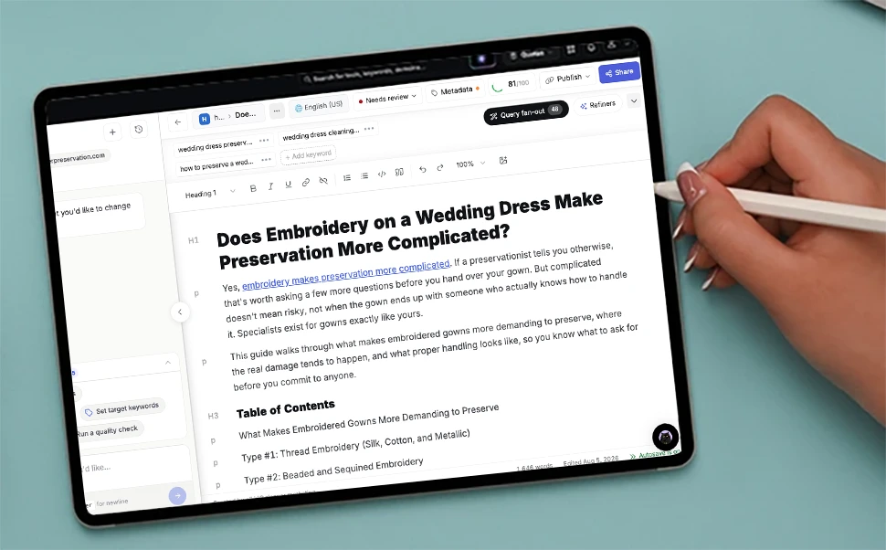 A local dry cleaning blog article being edited on a tablet