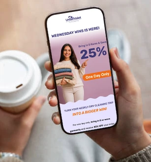 A dry cleaning promotion text message on a customer’s phone