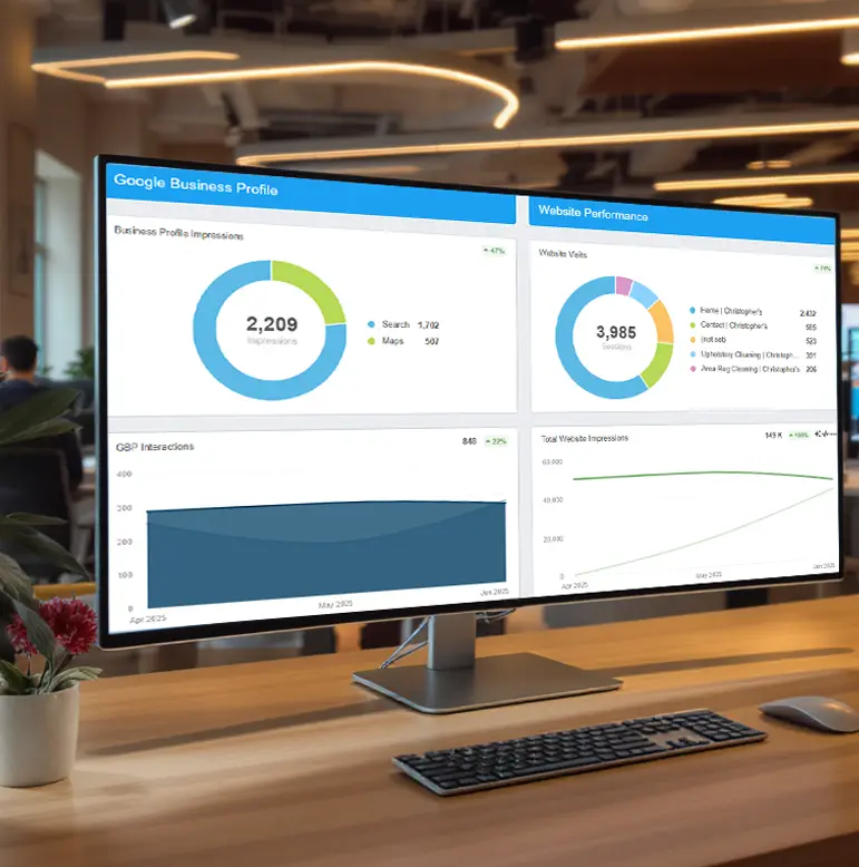 Google performance dashboard on a desktop monitor