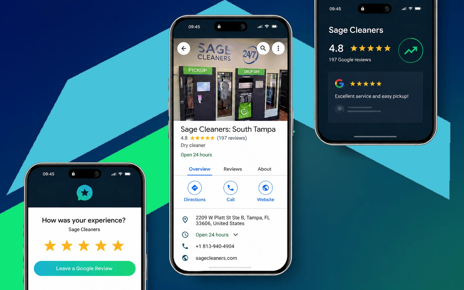 Sage Cleaners Google Business Profile, review request and rating growth on mobile