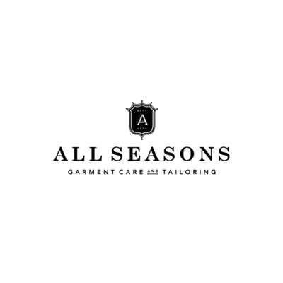 Black and white logo for All Seasons Garment Care & Tailoring featuring a crest with an "A" above the business name in uppercase letters.