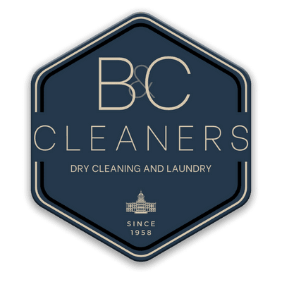 A navy hexagonal logo for B&C Cleaners with the text "Dry Cleaning and Laundry," an illustration of a building, and "Since 1958" at the bottom.