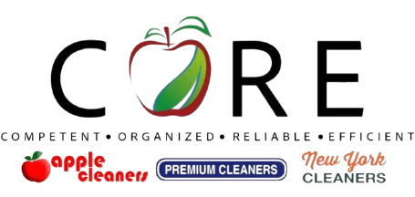 Logo with the word "CORE" and an apple graphic in the "O"; tagline reads "Competent, Organized, Reliable, Efficient". Logos for Apple Cleaners, Premium Cleaners, and New York Cleaners below.