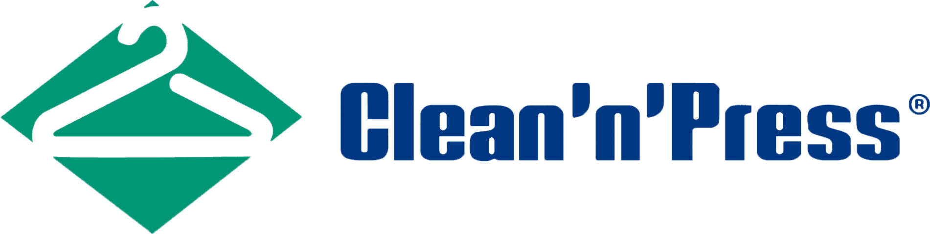 Clean’n’Press logo featuring a stylized green clothes hanger with blue text reading "Clean’n’Press" to the right.