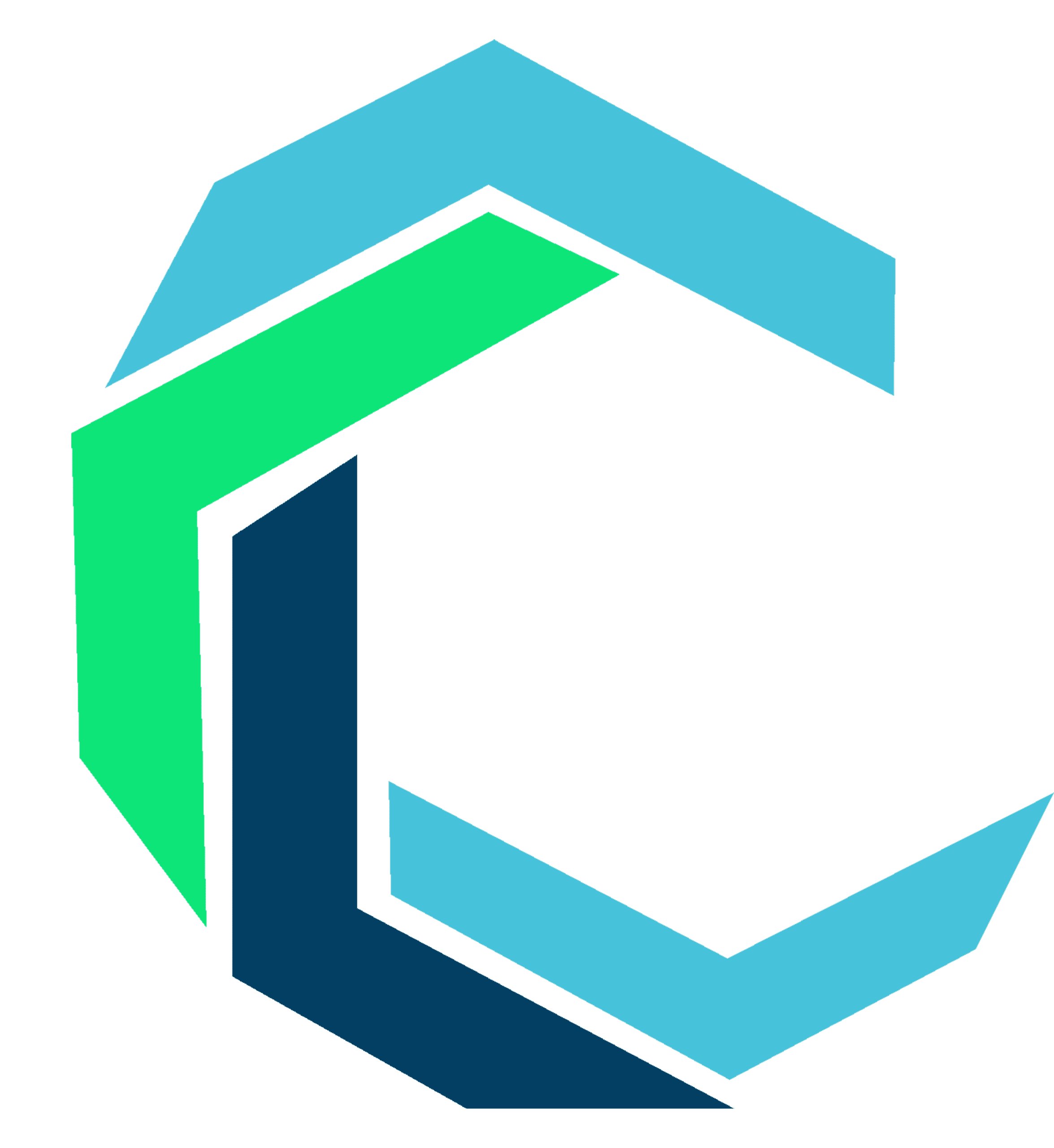 A geometric, hexagonal logo composed of three interlocking, angular shapes in dark blue, green, and light blue on a transparent background.