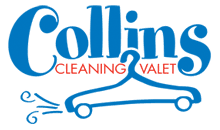 Collins Cleaning Valet logo with blue text and a hanger graphic, featuring a spray of cleaning solution on the left side.