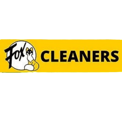 Fox Cleaners logo with a drawing of a fox sitting inside the letter "o" in "Fox" and the word "CLEANERS" in bold black text on a yellow background.