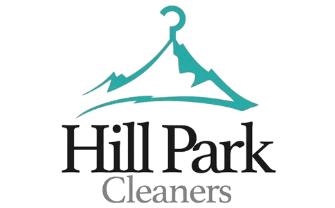 A teal clothes hanger shaped like a mountain above the text "Hill Park Cleaners" in black and gray.