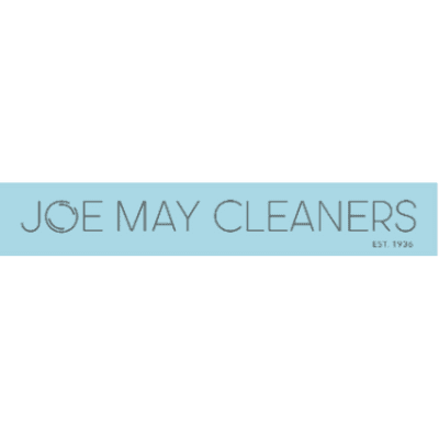 Logo for Joe May Cleaners with text in all caps on a light blue background and "EST. 1936" in the bottom right corner. The "O" in "JOE" is stylized with overlapping circles.