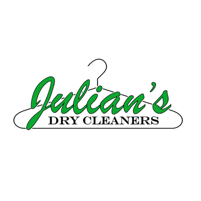 Logo for Julian's Dry Cleaners featuring the business name in green and black text with a hanger graphic outline incorporated into the design.