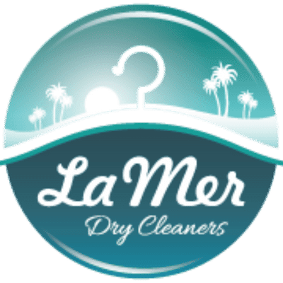 La Mer Dry Cleaners logo featuring a hanger shape with a sunset, palm trees, and the business name in white script.