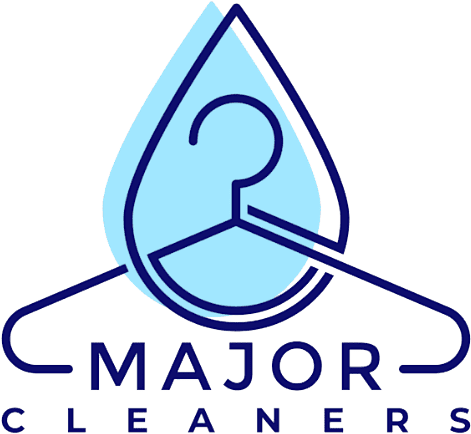 Logo for Major Cleaners featuring a stylized water droplet and hanger outline, with the company name "Major Cleaners" written below in blue capital letters.