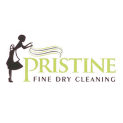 Logo for Pristine Fine Dry Cleaning featuring a silhouette of a woman holding a cloth next to the business name in yellow and gray text.