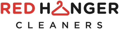 Red Hanger Cleaners logo with "HANGER" featuring a hanger icon as the letter "A"; "RED" and the hanger icon are in red, the rest of the text is in black.