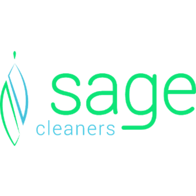 Logo for Sage Cleaners featuring a stylized leaf icon on the left and the words "sage cleaners" in green and blue text.