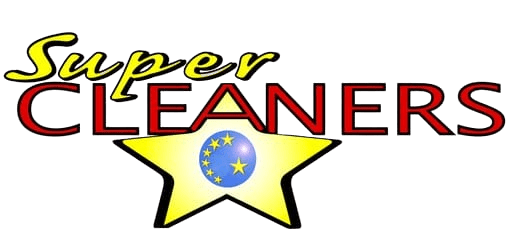 Logo for "Super Cleaners" with "Super" in yellow italic font above "CLEANERS" in red uppercase letters. A yellow star with blue globe and stars is in the background. Black background.