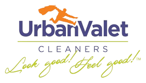 UrbanValet Cleaners logo with an orange silhouette of a person holding laundry, and the slogan "Look good! Feel good!" in yellow script.
