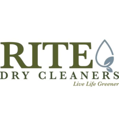 Logo for Rite Dry Cleaners featuring the business name in large letters and a stylized leaf symbol resembling a water droplet, with the slogan "Live Life Greener" below.
