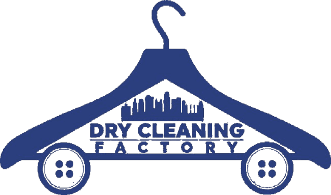 Blue logo of a clothes hanger with city skyline, text “DRY CLEANING FACTORY” below, and two buttons at the hanger’s ends.