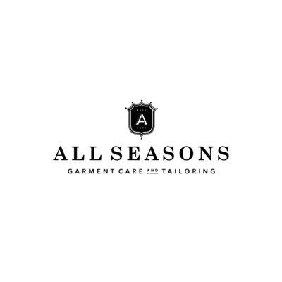 Black and white logo for All Seasons Garment Care & Tailoring featuring a crest with an "A" above the business name in uppercase letters.