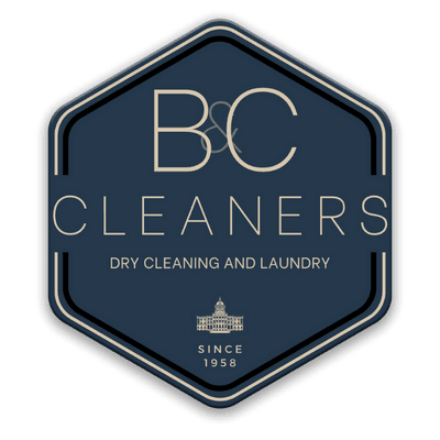 A navy hexagonal logo for B&C Cleaners with the text "Dry Cleaning and Laundry," an illustration of a building, and "Since 1958" at the bottom.