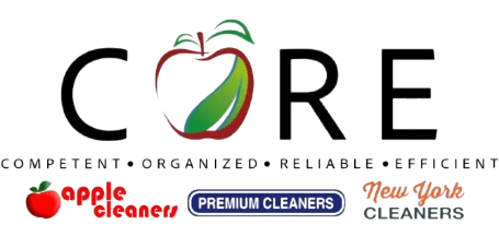 Logo with the word "CORE" and an apple graphic in the "O"; tagline reads "Competent, Organized, Reliable, Efficient". Logos for Apple Cleaners, Premium Cleaners, and New York Cleaners below.
