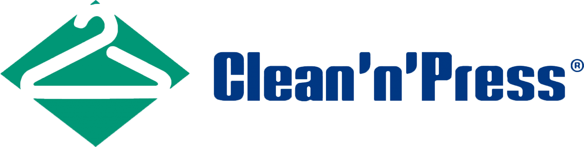 Clean’n’Press logo featuring a stylized green clothes hanger with blue text reading "Clean’n’Press" to the right.