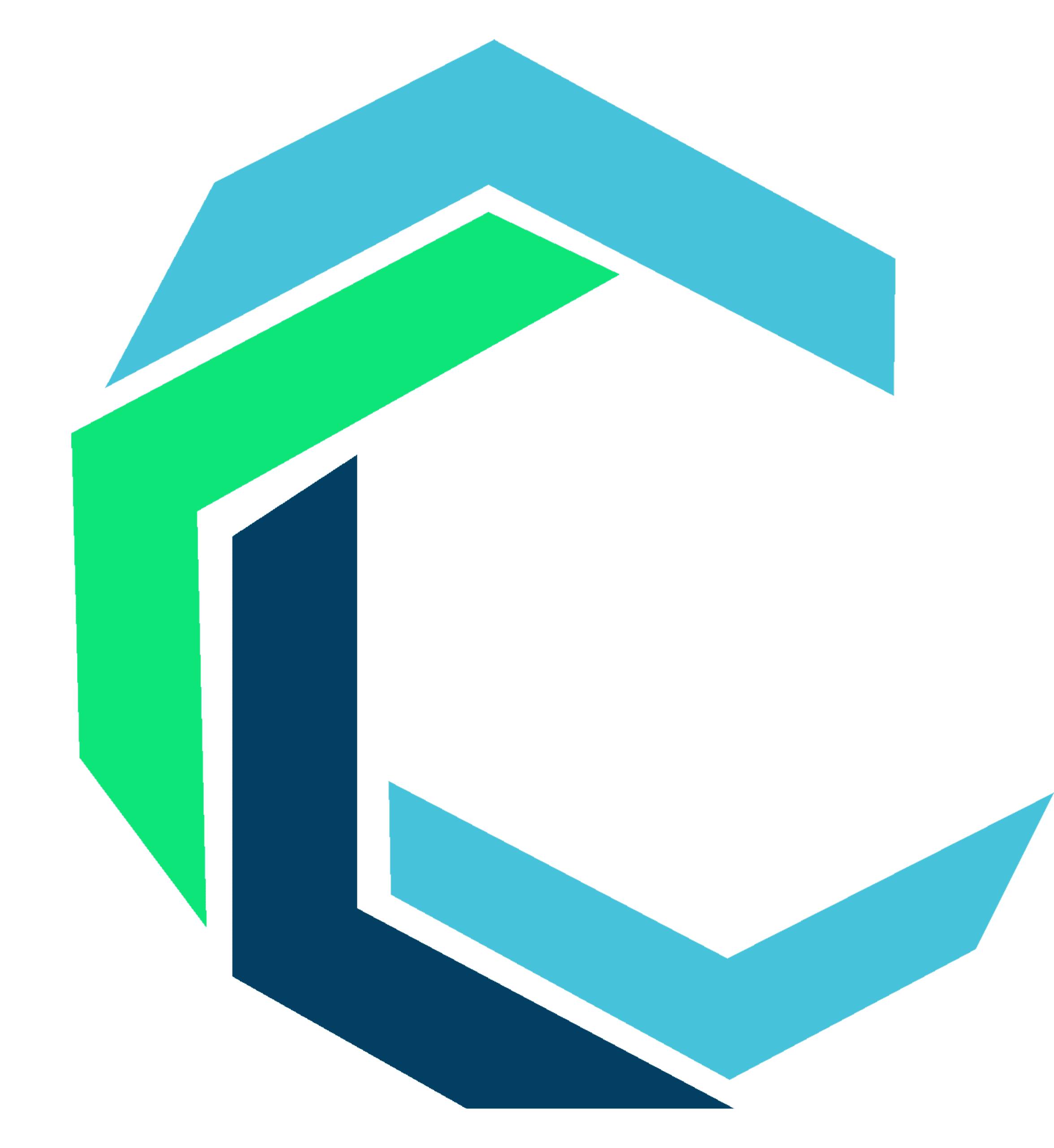 A geometric, hexagonal logo composed of three interlocking, angular shapes in dark blue, green, and light blue on a transparent background.
