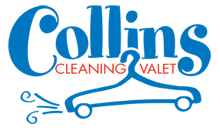 Collins Cleaning Valet logo with blue text and a hanger graphic, featuring a spray of cleaning solution on the left side.