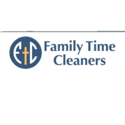 Logo for Family Time Cleaners with blue text and a circular emblem featuring a yellow cross inside it.