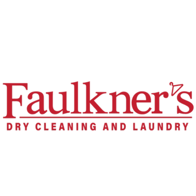 Faulkner’s Dry Cleaning and Laundry logo in red text on a transparent background.