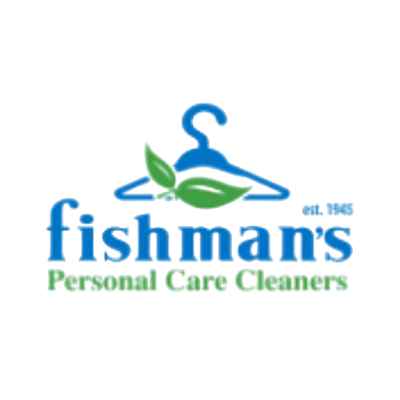 Logo for Fishman's Personal Care Cleaners featuring a blue clothes hanger with green leaves and text reading "est. 1945 fishman's Personal Care Cleaners" underneath.