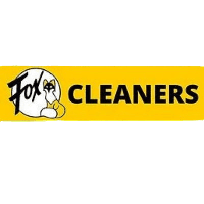 Fox Cleaners logo with a drawing of a fox sitting inside the letter "o" in "Fox" and the word "CLEANERS" in bold black text on a yellow background.