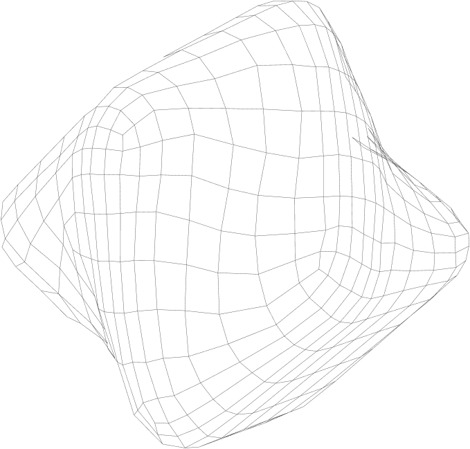 A distorted 3D wireframe shape with an irregular, wavy surface on a black background.
