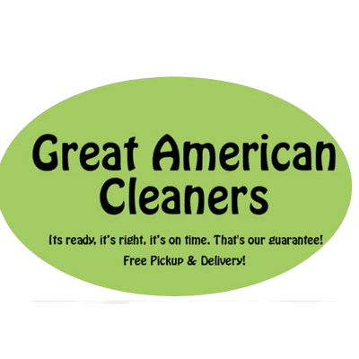 Green oval logo for Great American Cleaners with the tagline: "Its ready, it's right, it's on time. That's our guarantee! Free Pickup & Delivery!.