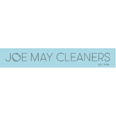 Logo for Joe May Cleaners with text in all caps on a light blue background and "EST. 1936" in the bottom right corner. The "O" in "JOE" is stylized with overlapping circles.