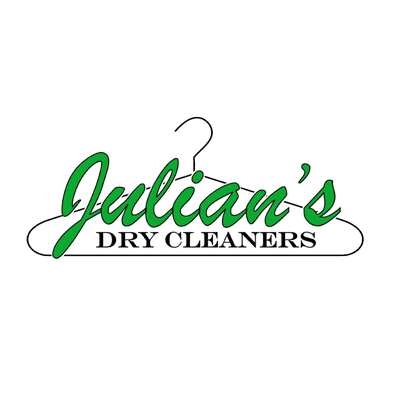 Logo for Julian's Dry Cleaners featuring the business name in green and black text with a hanger graphic outline incorporated into the design.