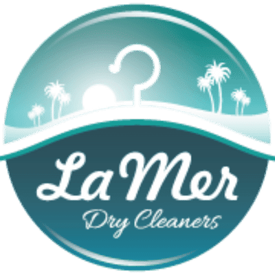 La Mer Dry Cleaners logo featuring a hanger shape with a sunset, palm trees, and the business name in white script.