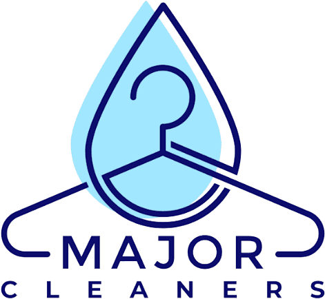Logo for Major Cleaners featuring a stylized water droplet and hanger outline, with the company name "Major Cleaners" written below in blue capital letters.