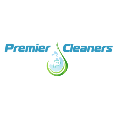 Logo for Premier Cleaners featuring blue text and a stylized green water droplet with a cleaning spray bottle and bubbles inside.