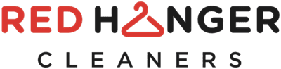 Red Hanger Cleaners logo with "HANGER" featuring a hanger icon as the letter "A"; "RED" and the hanger icon are in red, the rest of the text is in black.