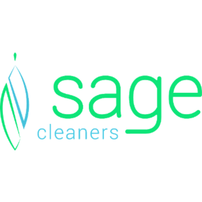 Logo for Sage Cleaners featuring a stylized leaf icon on the left and the words "sage cleaners" in green and blue text.