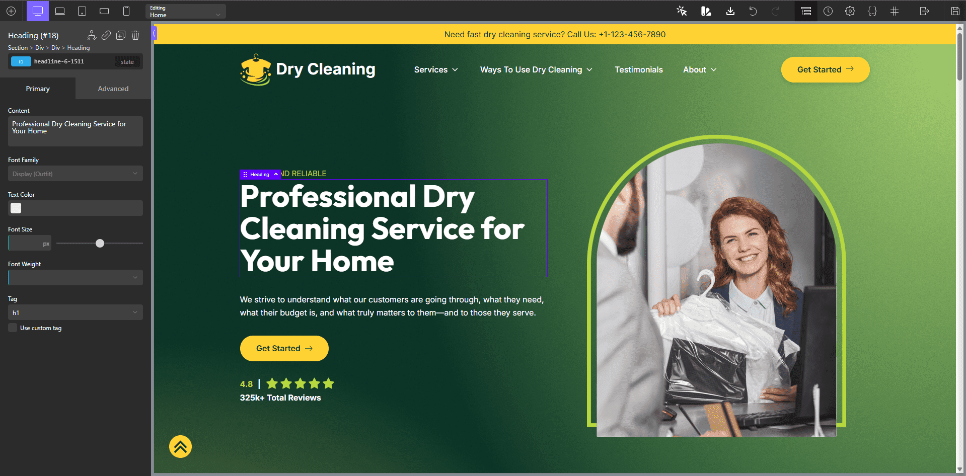 Screenshot of a website homepage for "Dry Cleaning" featuring a headline about professional dry cleaning service, a smiling woman receiving clothes, and navigation options at the top.