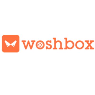 Orange "woshbox" logo with stylized text and an icon on the left featuring a square with two angular shapes resembling eyes.