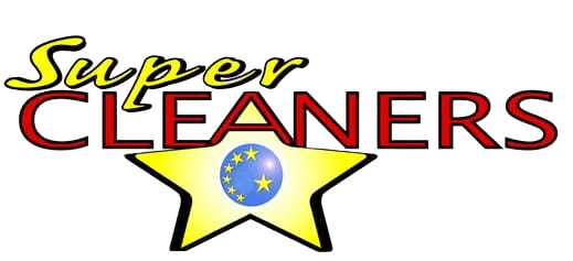 Logo for "Super Cleaners" with "Super" in yellow italic font above "CLEANERS" in red uppercase letters. A yellow star with blue globe and stars is in the background. Black background.
