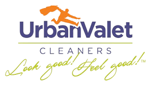 UrbanValet Cleaners logo with an orange silhouette of a person holding laundry, and the slogan "Look good! Feel good!" in yellow script.