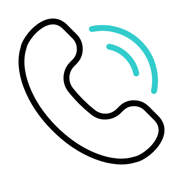 A black telephone handset icon with two blue curved lines, indicating an incoming or active call, on a white background.